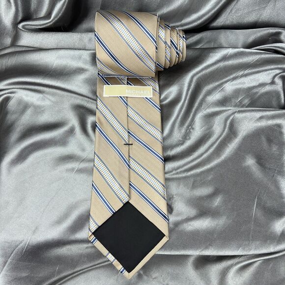 Michael Kors Mens Neck Tie Necktie Silk Tan Blue White Stripes 59” L 3.5” Gifts - Picture 3 of 9